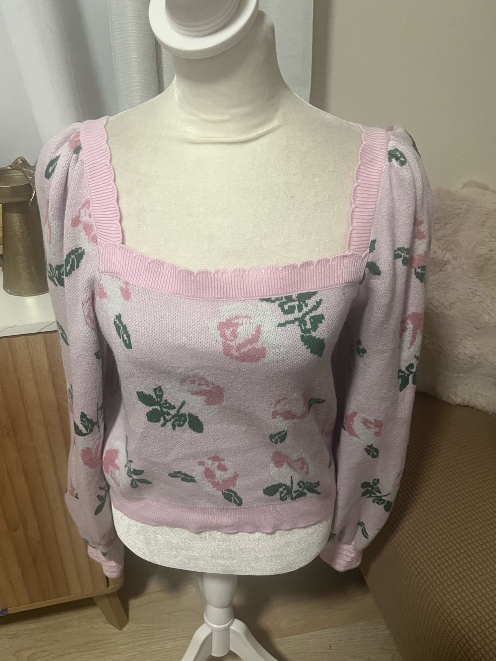 Square-Neck Pink Floral Knit Sweater